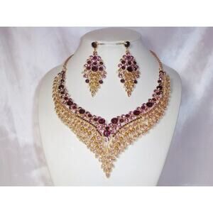 Purple necklace set, purple rhinestone set statement bridal wedding necklace,